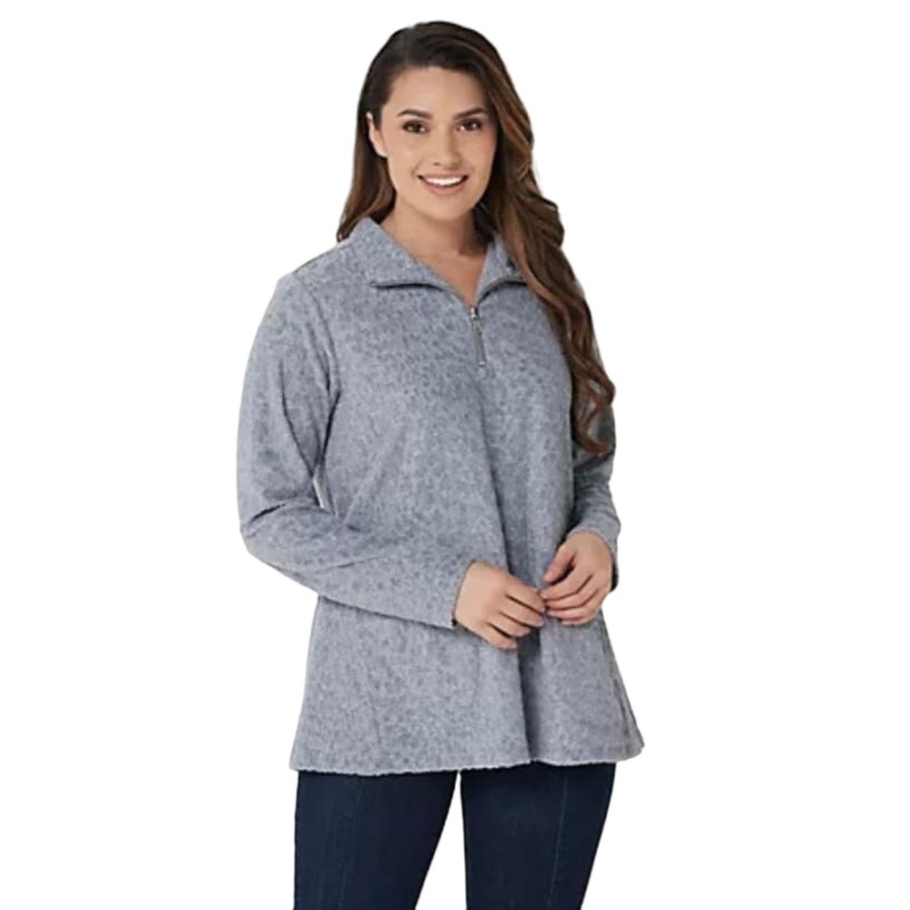 Susan Graver Weekend Burnout Jacquard Knit Half-Zip Top GRAY NWOT SIZE M